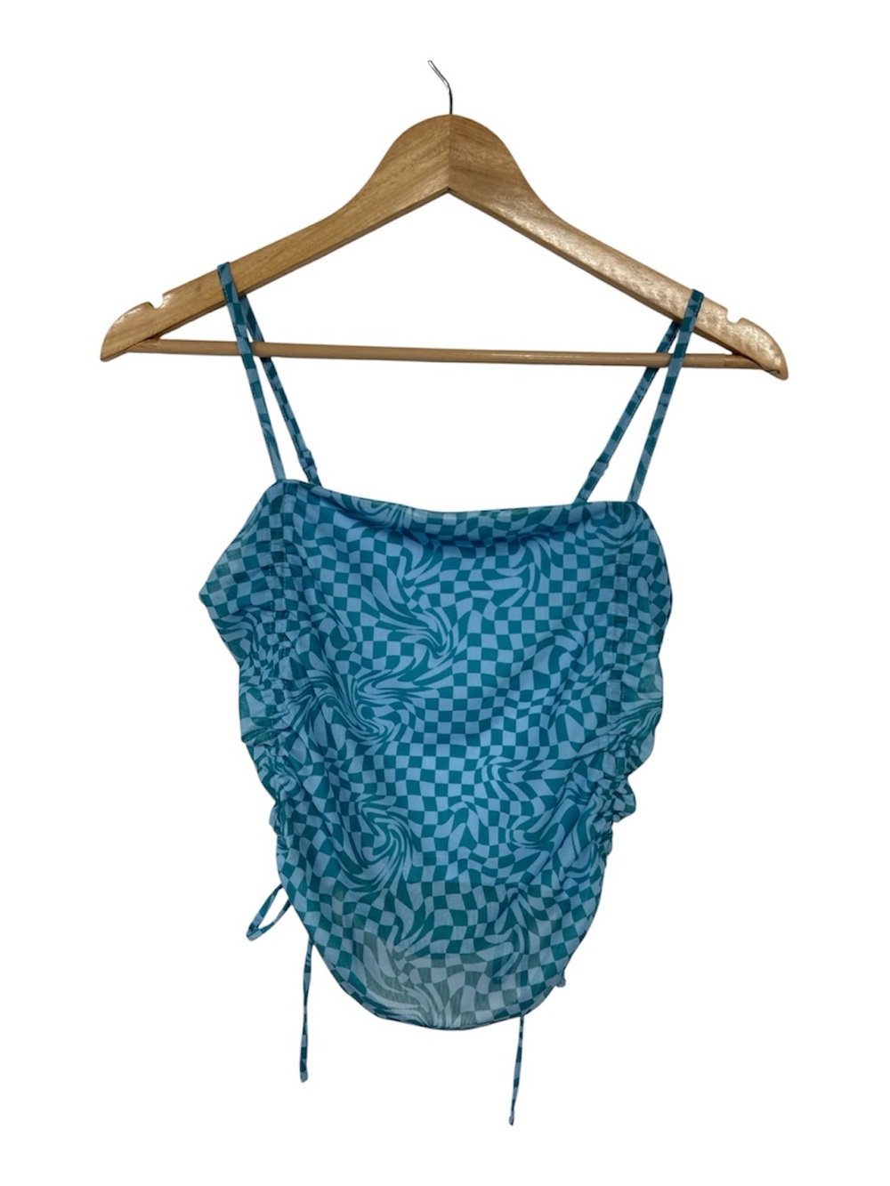 SO Brand Junior’s Blue Swirl Checkered Ruched Crop Top Size Medium